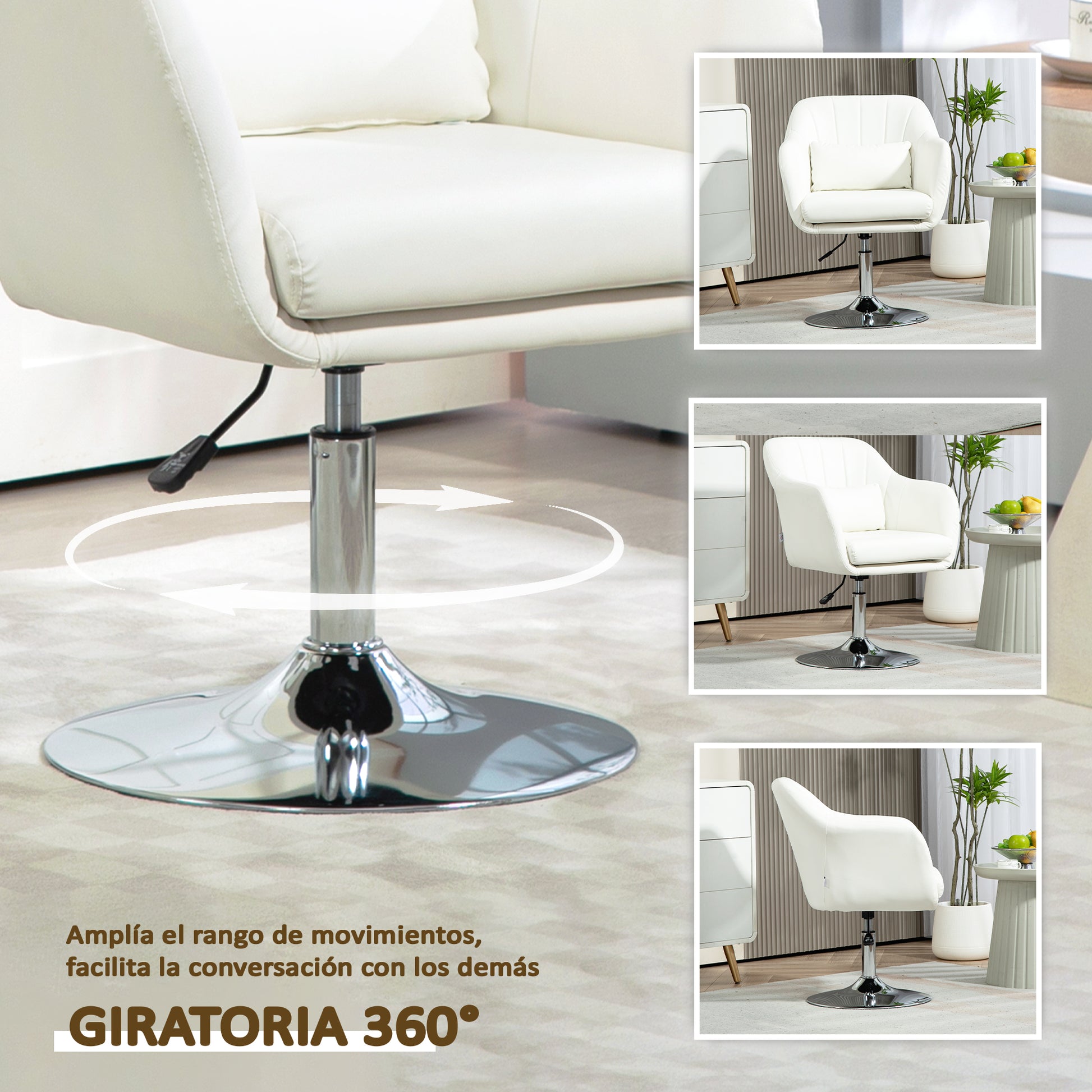 Modern Bedroom Armchair Swivel Living Room Armchair Upholstered in PU with Adjustable Height Armrests and Cushion Armchair for Living Room White