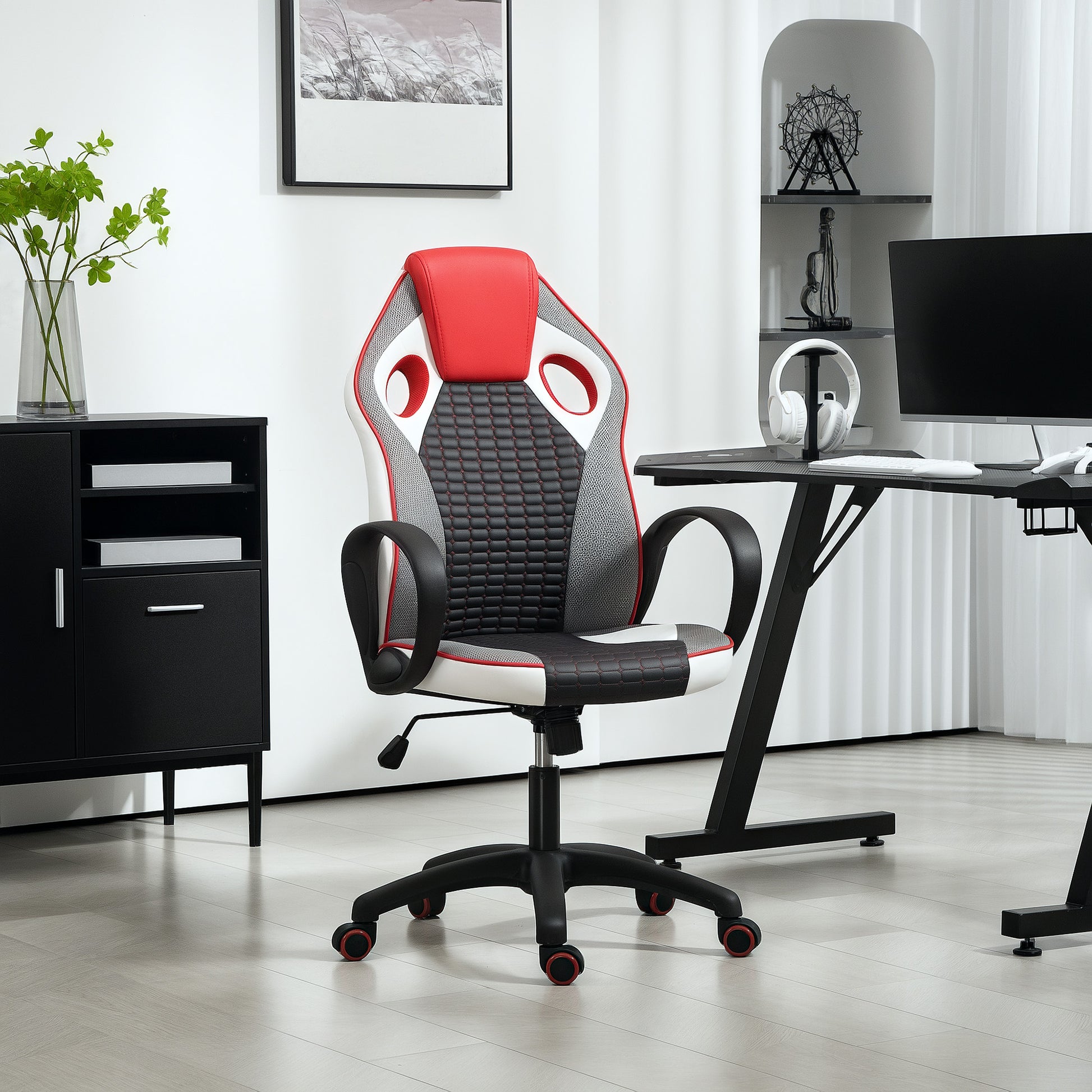 PU and Mesh Upholstered Gaming Chair Gamer Chair with Tilt Function Adjustable Height for Home Office Study Multicolor