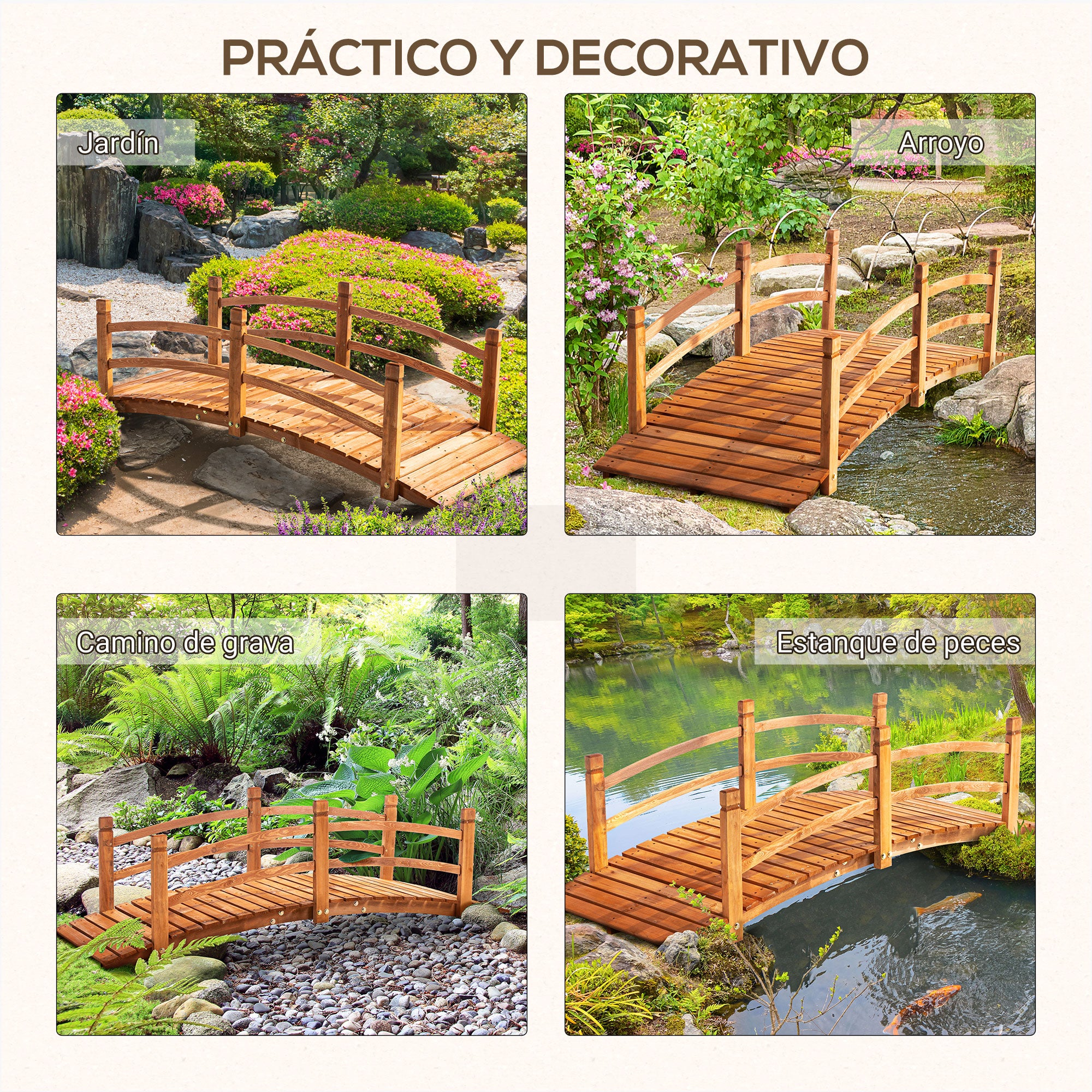 185x72x58 cm Natural Wood Arch Bridge with Handrails Garden Bridge for Patio Decoration Load 200 kg