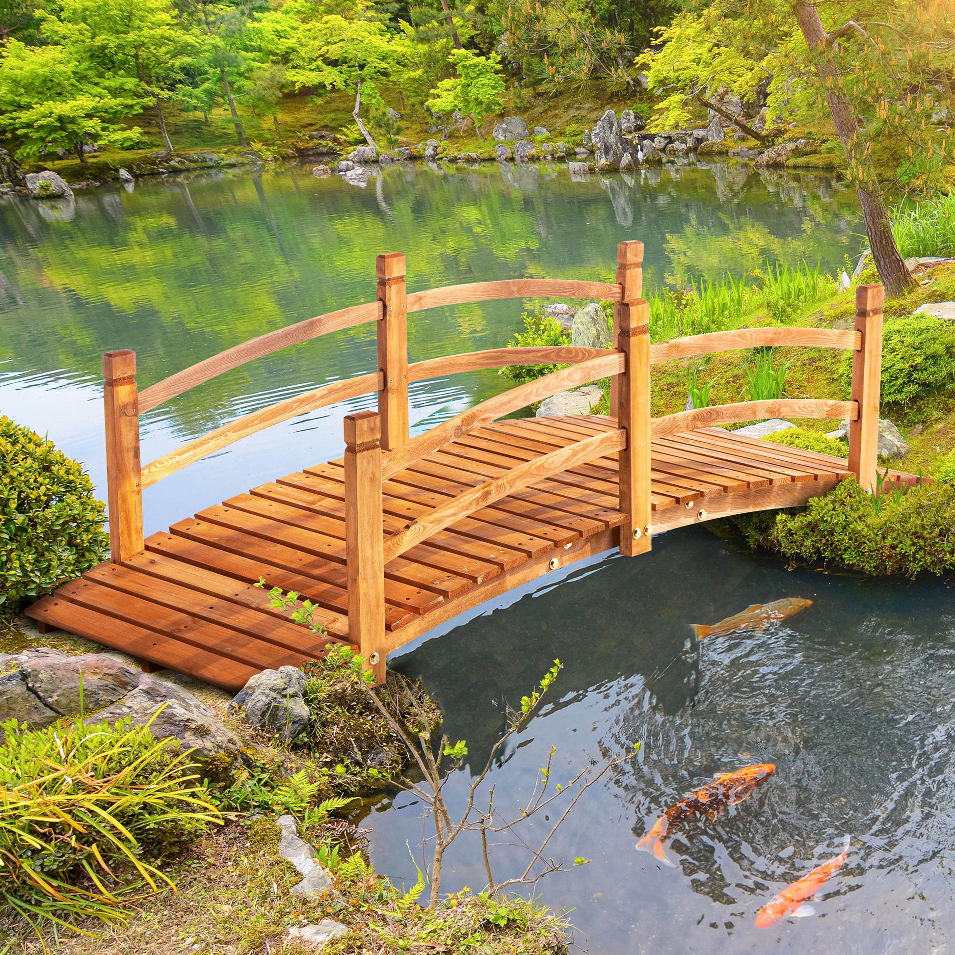 185x72x58 cm Natural Wood Arch Bridge with Handrails Garden Bridge for Patio Decoration Load 200 kg
