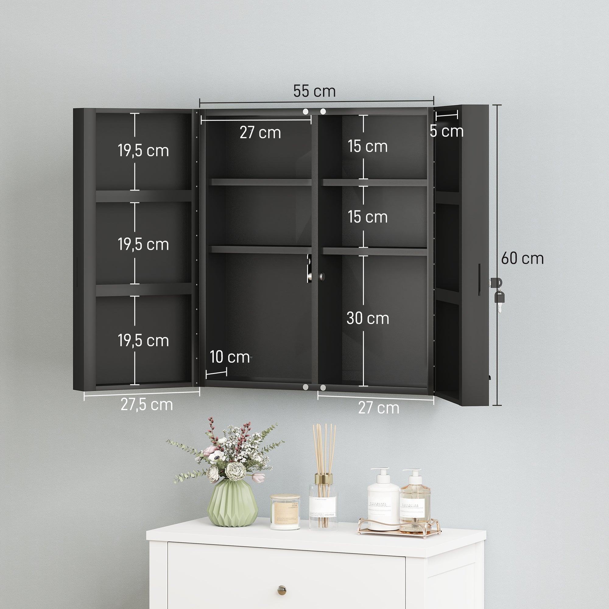 Lockable Medicine Cabinet, 2-Door, 6-Shelf Steel First Aid Cabinet, 21.7 x 7.1 x 23.6 in, Anthracite Black