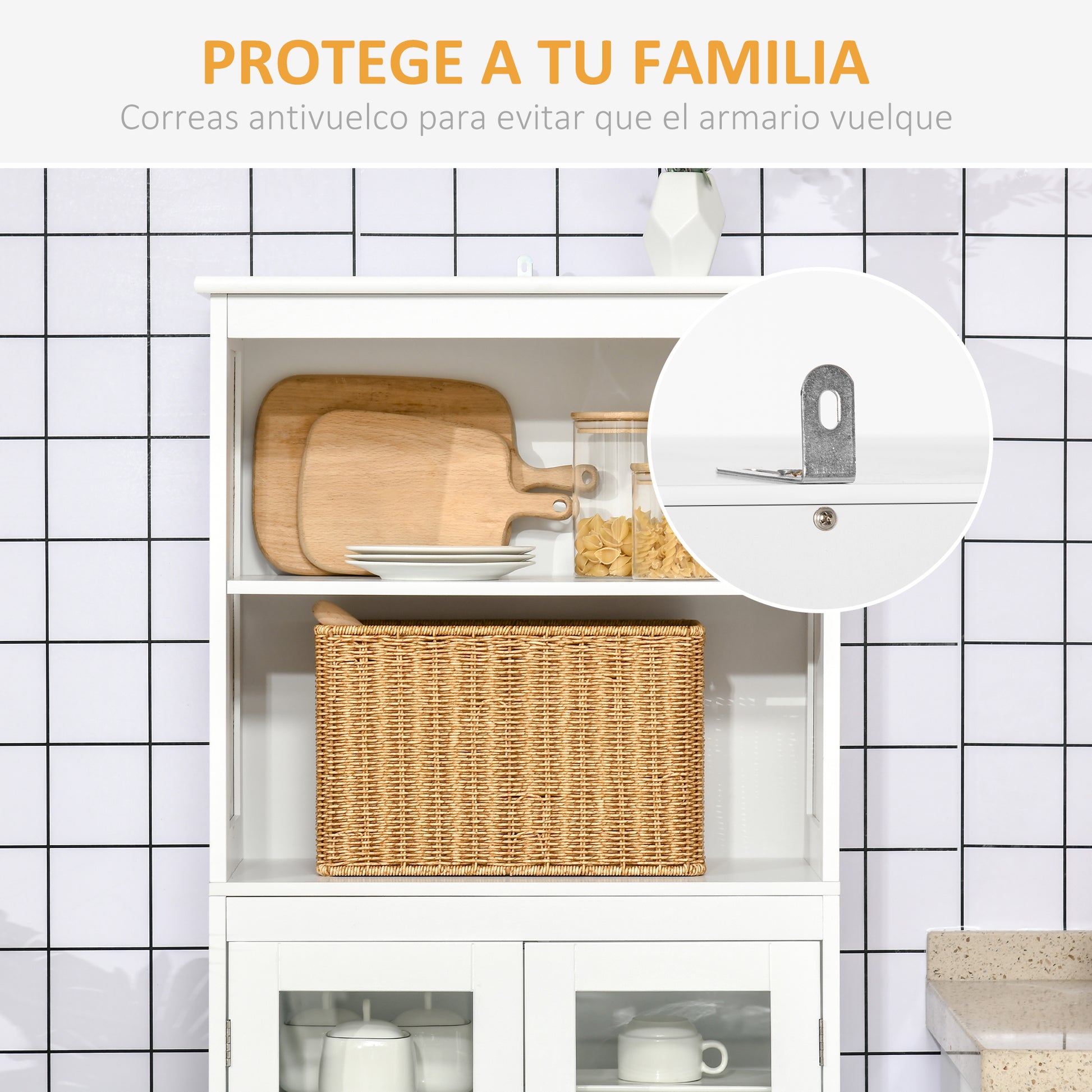 Kitchen Pantry Buffet Sideboard Kitchen Cabinet with 4 Doors 2 Open Shelves and Adjustable Shelf for Dining Room 60x30x162 cm White
