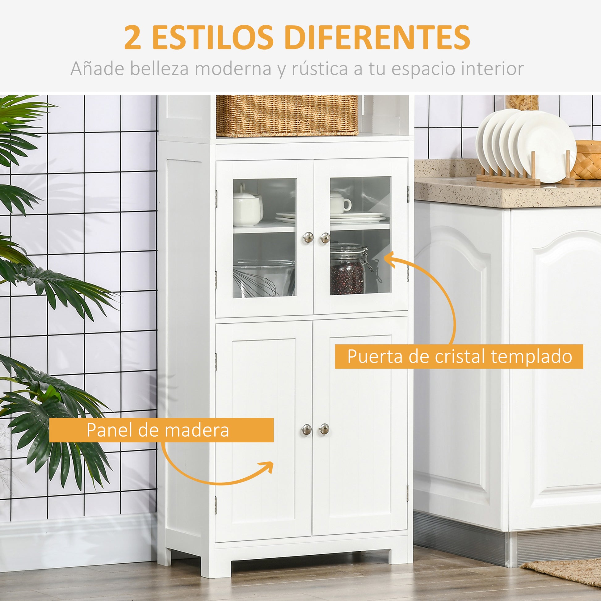 Kitchen Pantry Buffet Sideboard Kitchen Cabinet with 4 Doors 2 Open Shelves and Adjustable Shelf for Dining Room 60x30x162 cm White
