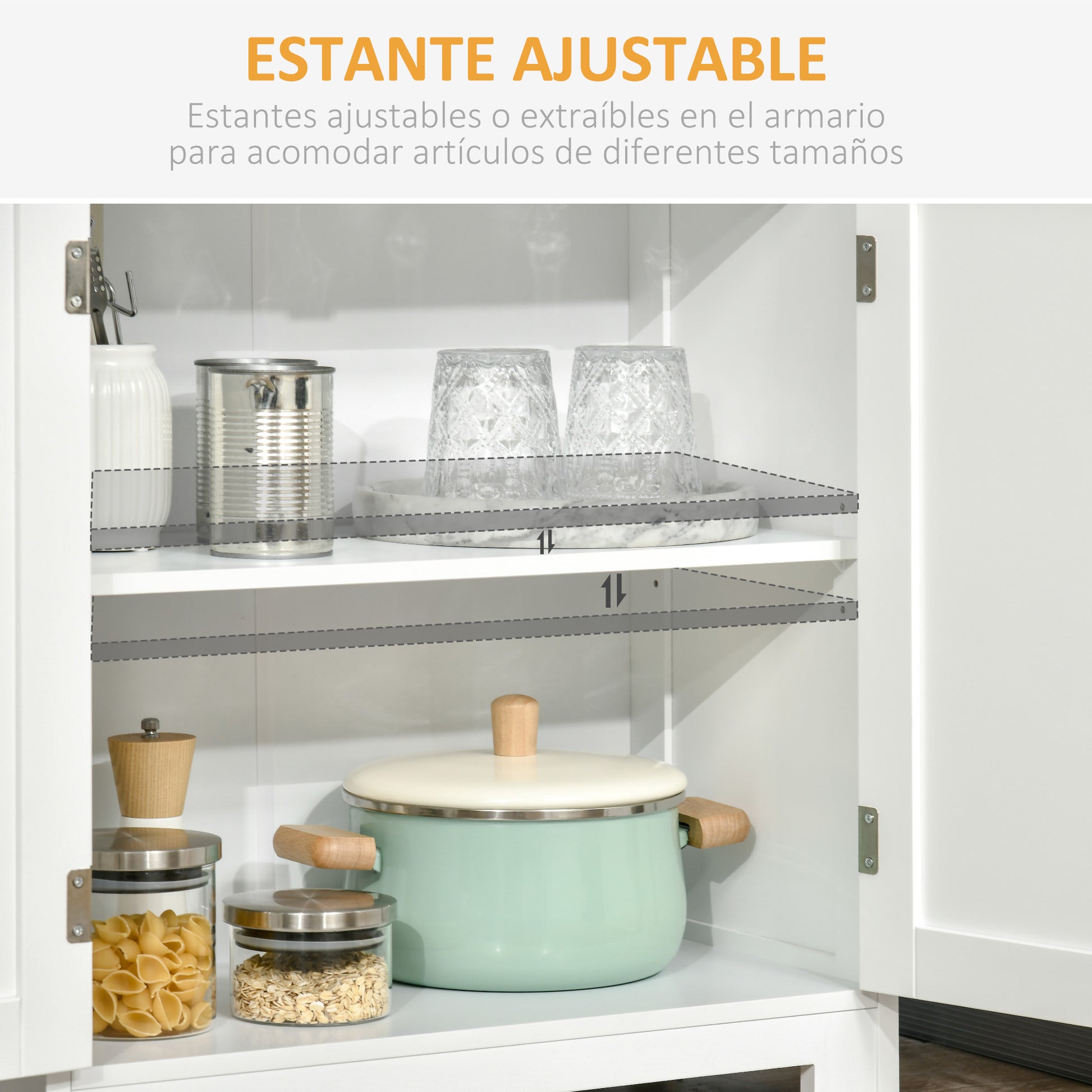 Kitchen Pantry Buffet Sideboard Kitchen Cabinet with 4 Doors 2 Open Shelves and Adjustable Shelf for Dining Room 60x30x162 cm White