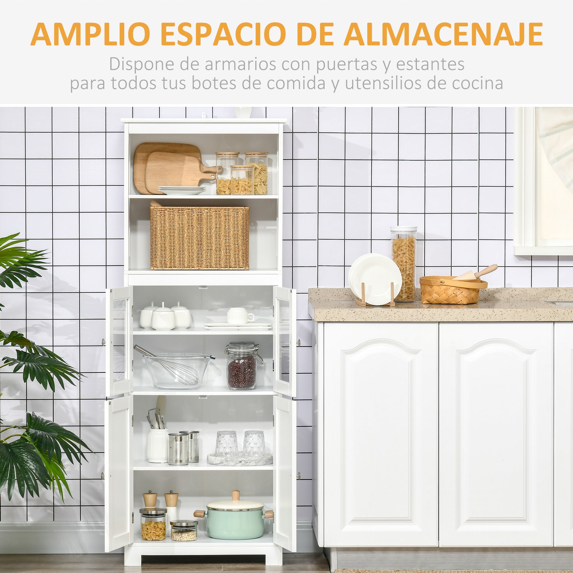 Kitchen Pantry Buffet Sideboard Kitchen Cabinet with 4 Doors 2 Open Shelves and Adjustable Shelf for Dining Room 60x30x162 cm White