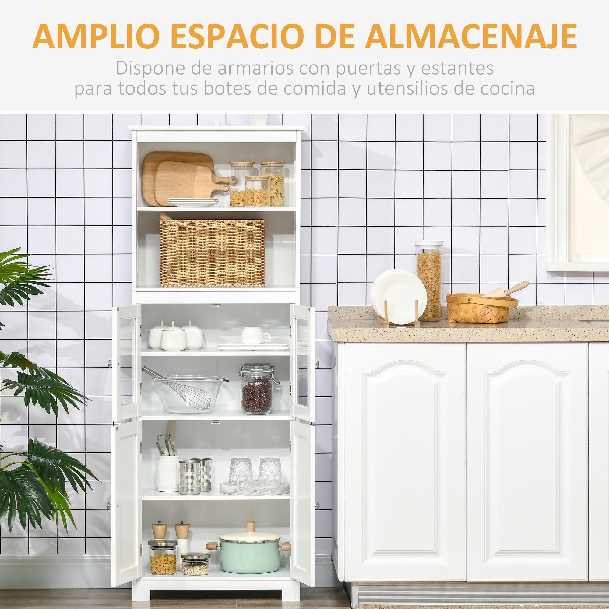 Kitchen Pantry Buffet Sideboard Kitchen Cabinet with 4 Doors 2 Open Shelves and Adjustable Shelf for Dining Room 60x30x162 cm White