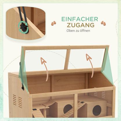 Hamster Cage Small Animal Cage Made of Wood, Small Animal Enclosure with Hanging Bridge, Ladders, Hut, 84 x 45 x 44 cm Rodent Cage with Upper Door, for Dwarf Hamsters, Natural