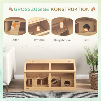 Hamster Cage Small Animal Cage Made of Wood, Small Animal Enclosure with Hanging Bridge, Ladders, Hut, 84 x 45 x 44 cm Rodent Cage with Upper Door, for Dwarf Hamsters, Natural