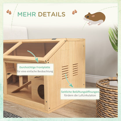 Hamster Cage Small Animal Cage Made of Wood, Small Animal Enclosure with Hanging Bridge, Ladders, Hut, 84 x 45 x 44 cm Rodent Cage with Upper Door, for Dwarf Hamsters, Natural