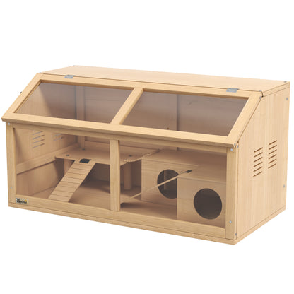 Hamster Cage Small Animal Cage Made of Wood, Small Animal Enclosure with Hanging Bridge, Ladders, Hut, 84 x 45 x 44 cm Rodent Cage with Upper Door, for Dwarf Hamsters, Natural