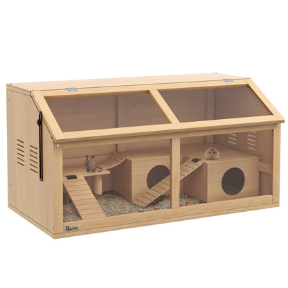 Hamster Cage Small Animal Cage Made of Wood, Small Animal Enclosure with Hanging Bridge, Ladders, Hut, 84 x 45 x 44 cm Rodent Cage with Upper Door, for Dwarf Hamsters, Natural