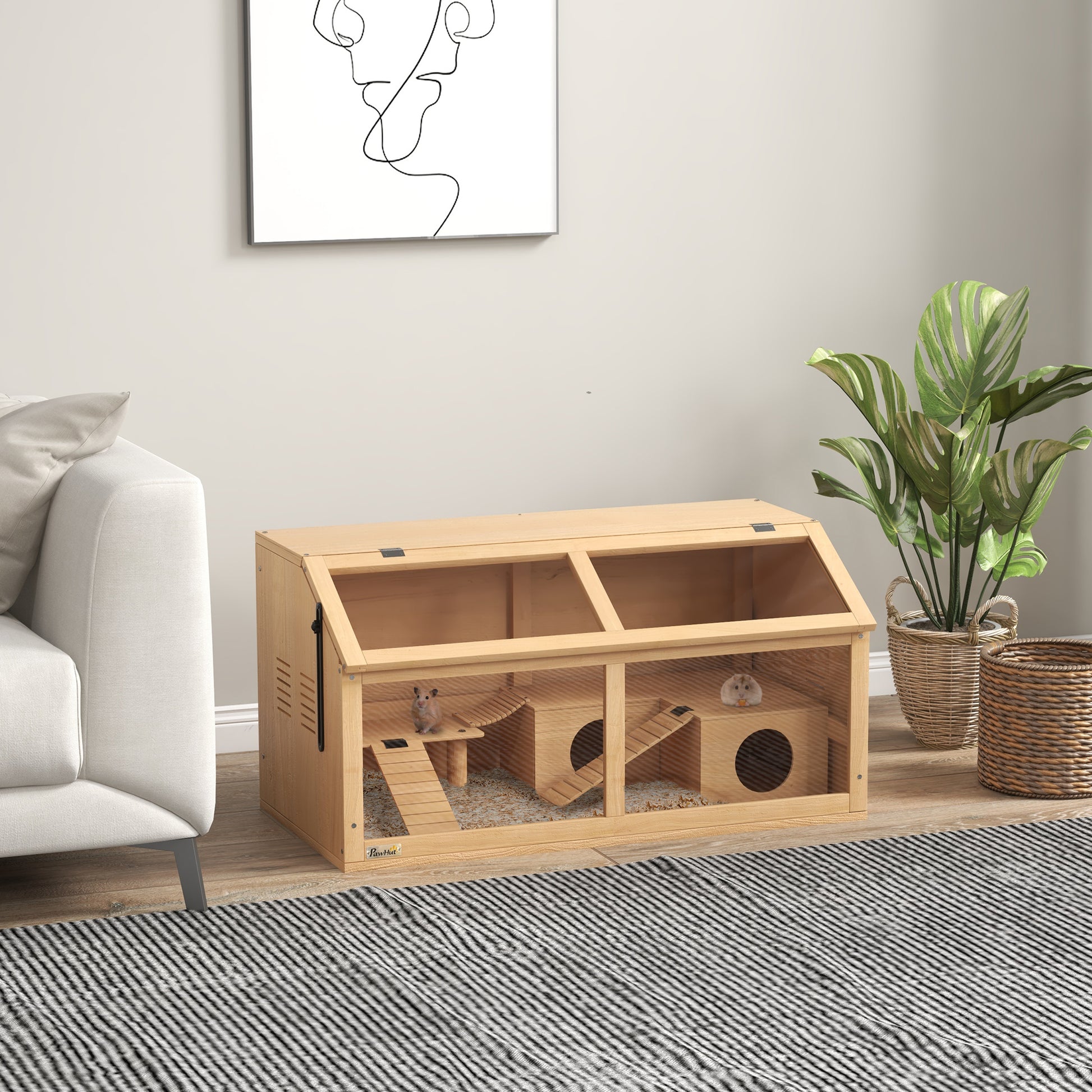 Hamster Cage Small Animal Cage Made of Wood, Small Animal Enclosure with Hanging Bridge, Ladders, Hut, 84 x 45 x 44 cm Rodent Cage with Upper Door, for Dwarf Hamsters, Natural