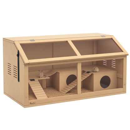 Hamster Cage Small Animal Cage Made of Wood, Small Animal Enclosure with Hanging Bridge, Ladders, Hut, 84 x 45 x 44 cm Rodent Cage with Upper Door, for Dwarf Hamsters, Natural