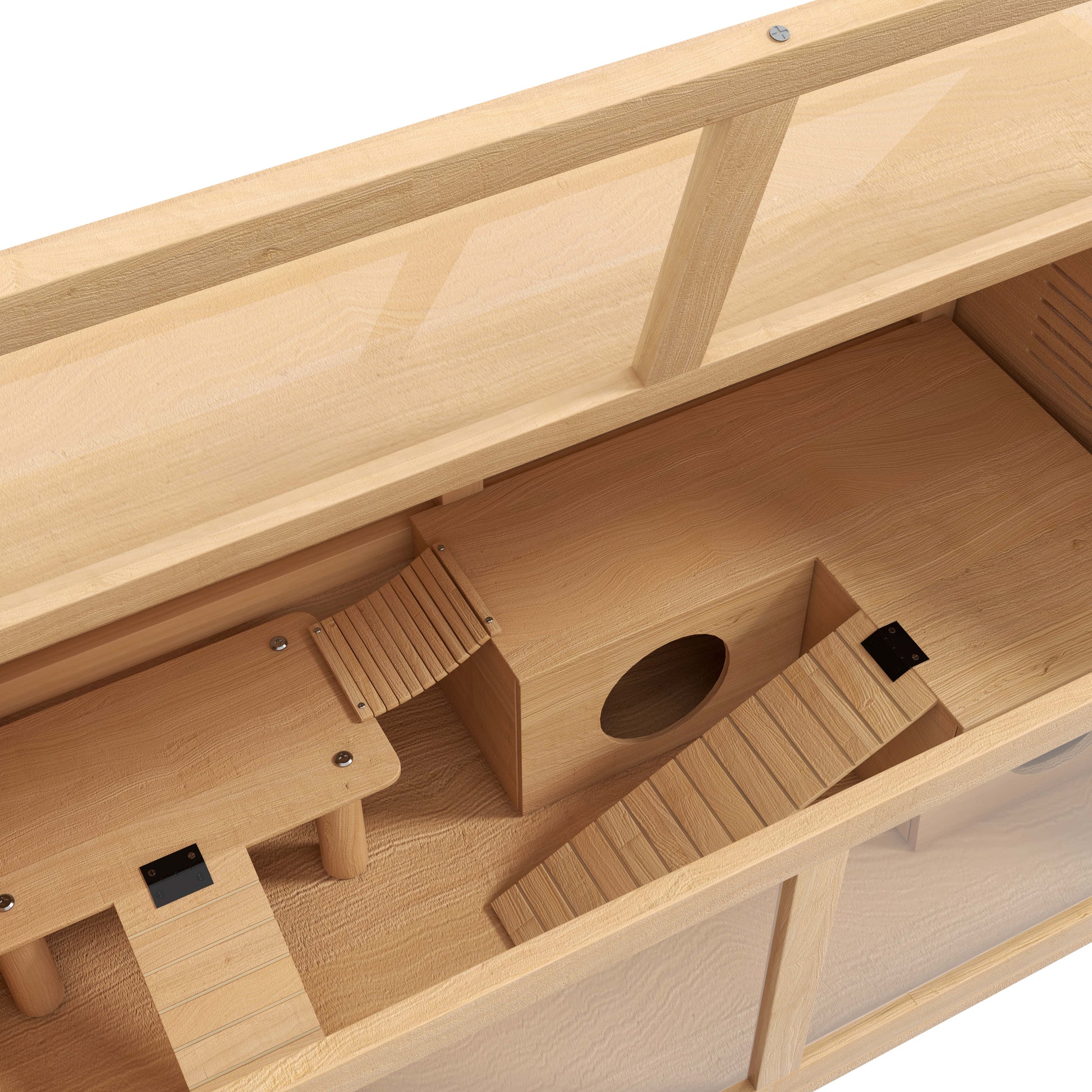Hamster Cage Small Animal Cage Made of Wood, Small Animal Enclosure with Hanging Bridge, Ladders, Hut, 84 x 45 x 44 cm Rodent Cage with Upper Door, for Dwarf Hamsters, Natural