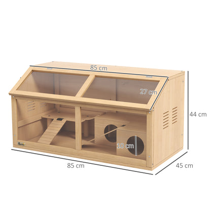Hamster Cage Small Animal Cage Made of Wood, Small Animal Enclosure with Hanging Bridge, Ladders, Hut, 84 x 45 x 44 cm Rodent Cage with Upper Door, for Dwarf Hamsters, Natural