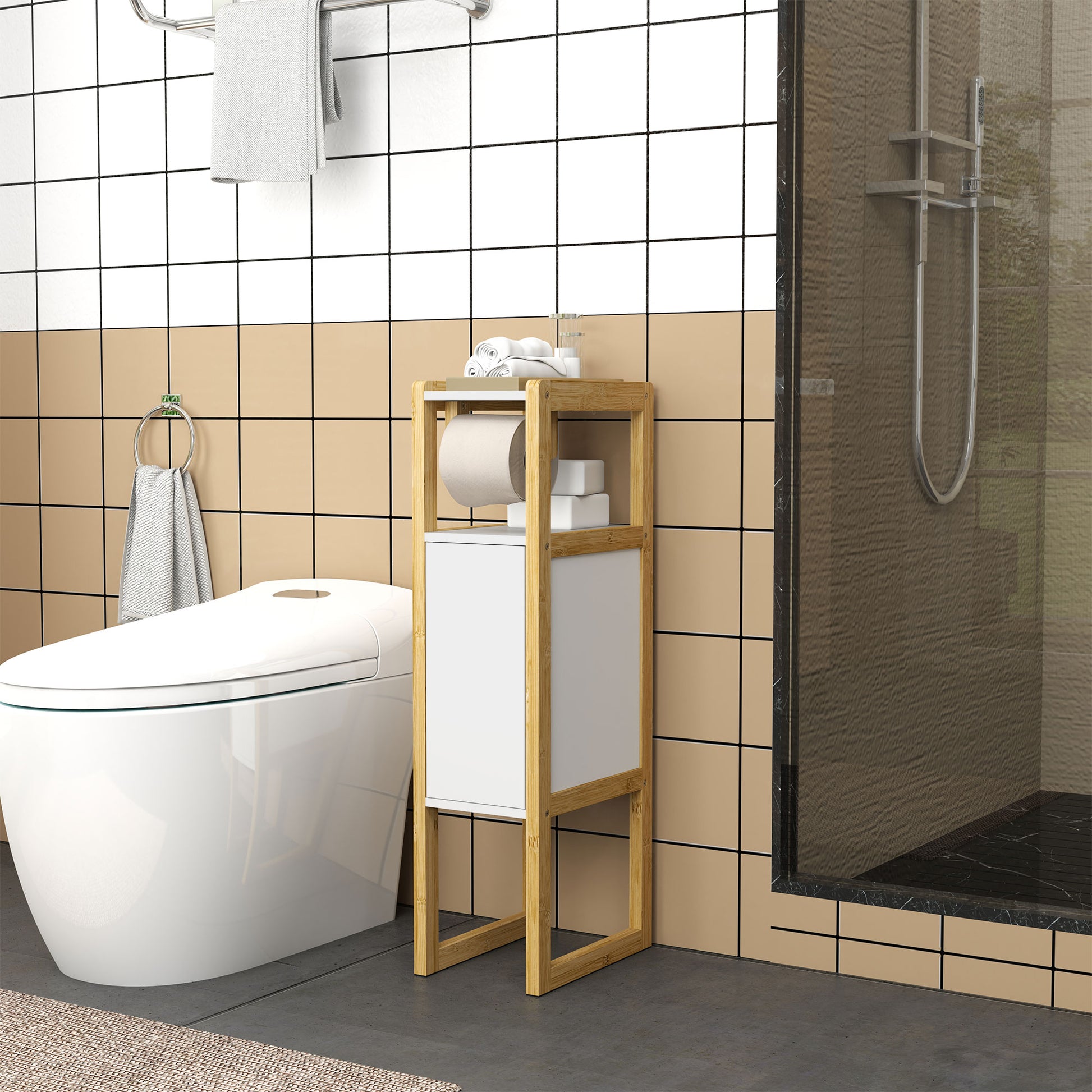 Space-saving Bathroom Mobile with Toilet Paper Holder, Cabinet and Shelf, Compact Bamboo Cabinet, 20x33x80cm, White