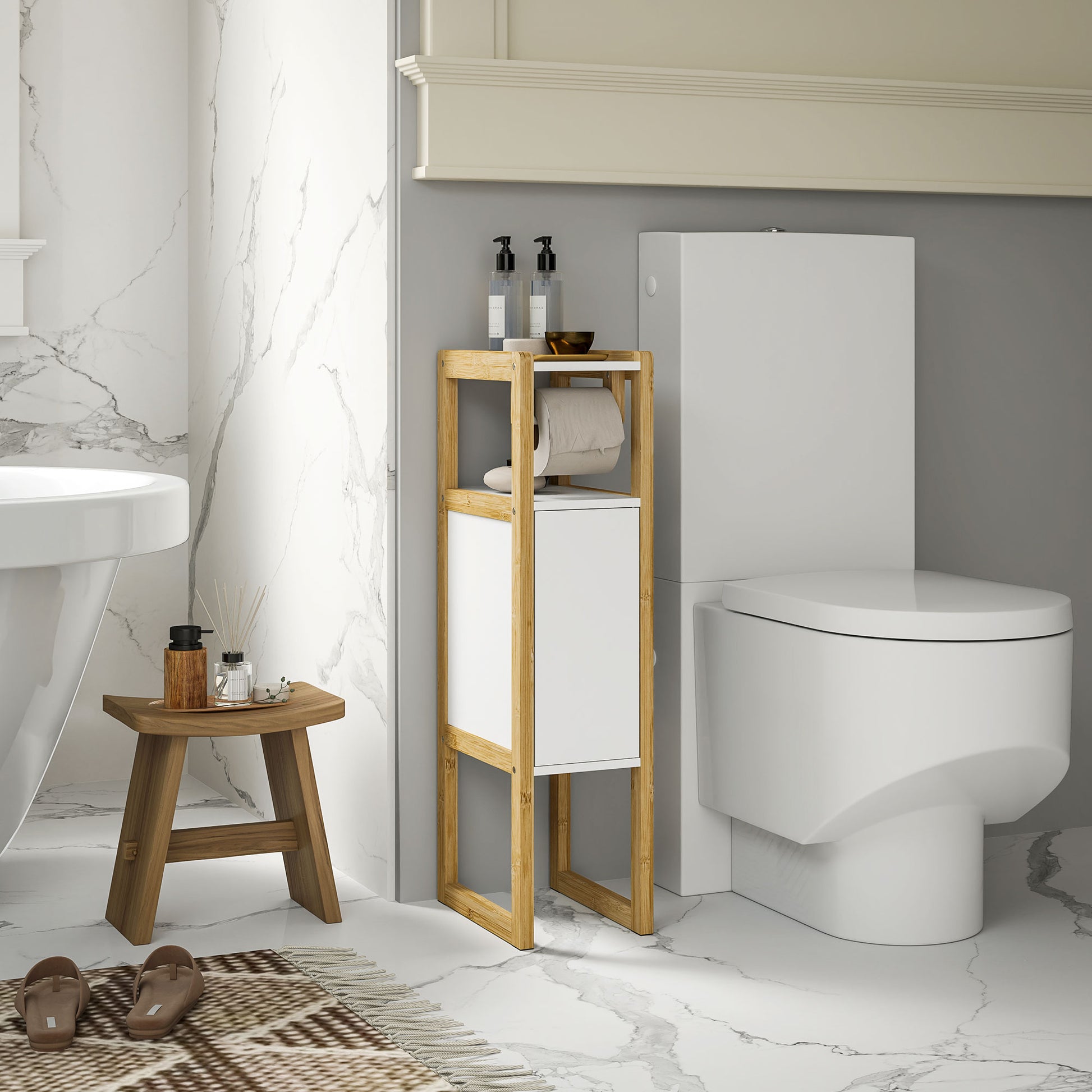 Space-saving Bathroom Mobile with Toilet Paper Holder, Cabinet and Shelf, Compact Bamboo Cabinet, 20x33x80cm, White