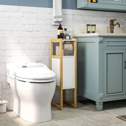 Space-saving Bathroom Mobile with Toilet Paper Holder, Cabinet and Shelf, Compact Bamboo Cabinet, 20x33x80cm, White