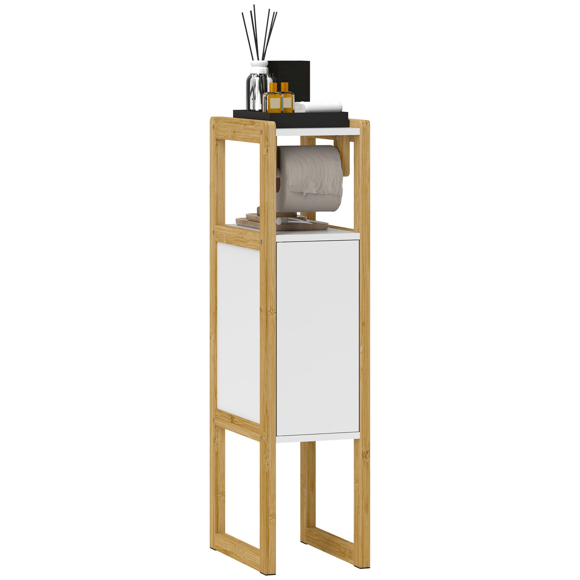 Space-saving Bathroom Mobile with Toilet Paper Holder, Cabinet and Shelf, Compact Bamboo Cabinet, 20x33x80cm, White