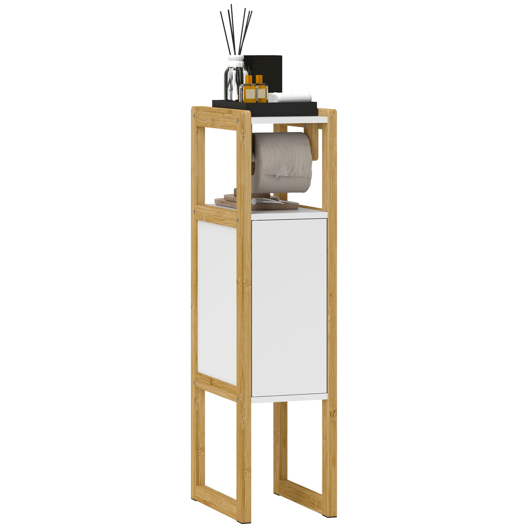 Space-saving Bathroom Mobile with Toilet Paper Holder, Cabinet and Shelf, Compact Bamboo Cabinet, 20x33x80cm, White