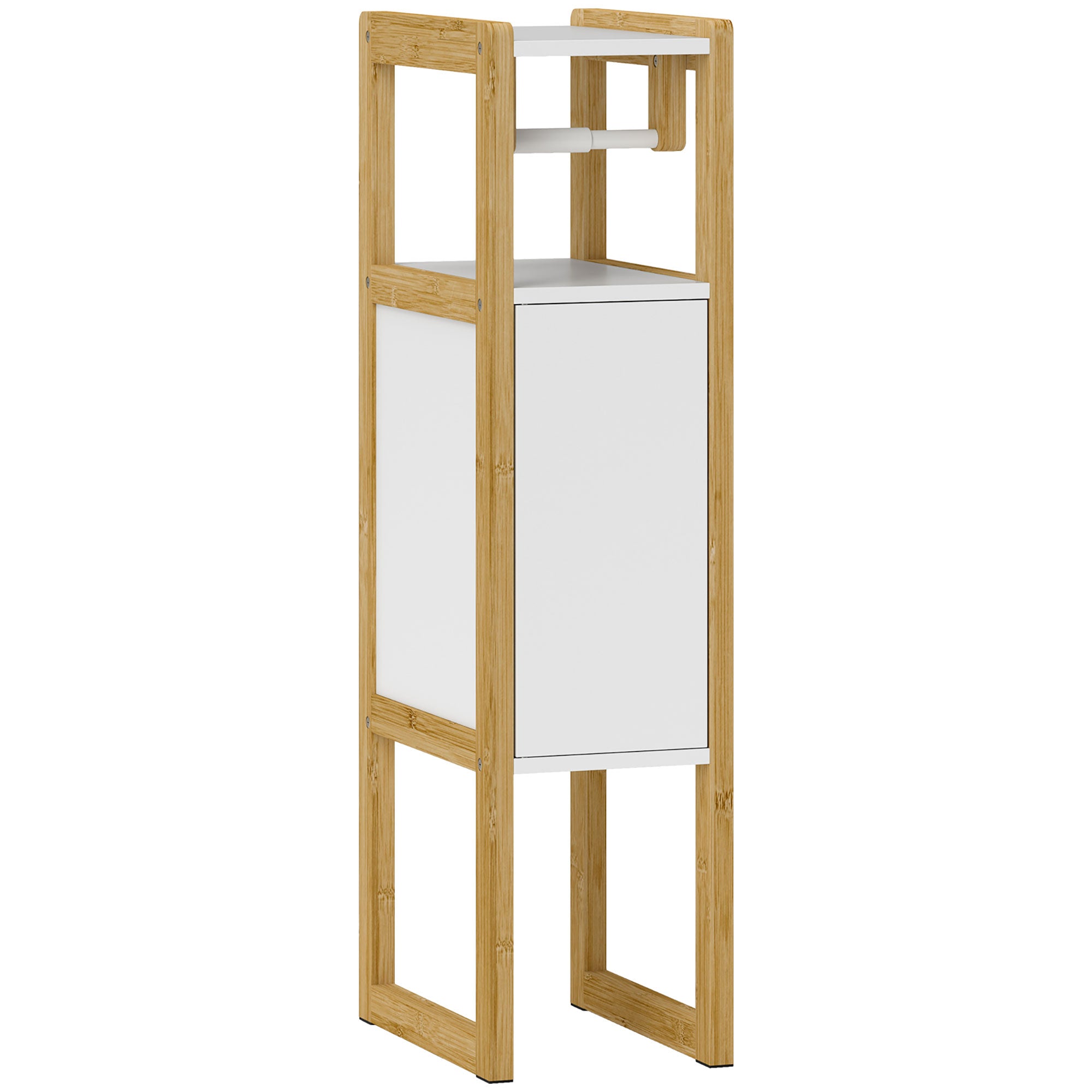 Space-saving Bathroom Mobile with Toilet Paper Holder, Cabinet and Shelf, Compact Bamboo Cabinet, 20x33x80cm, White