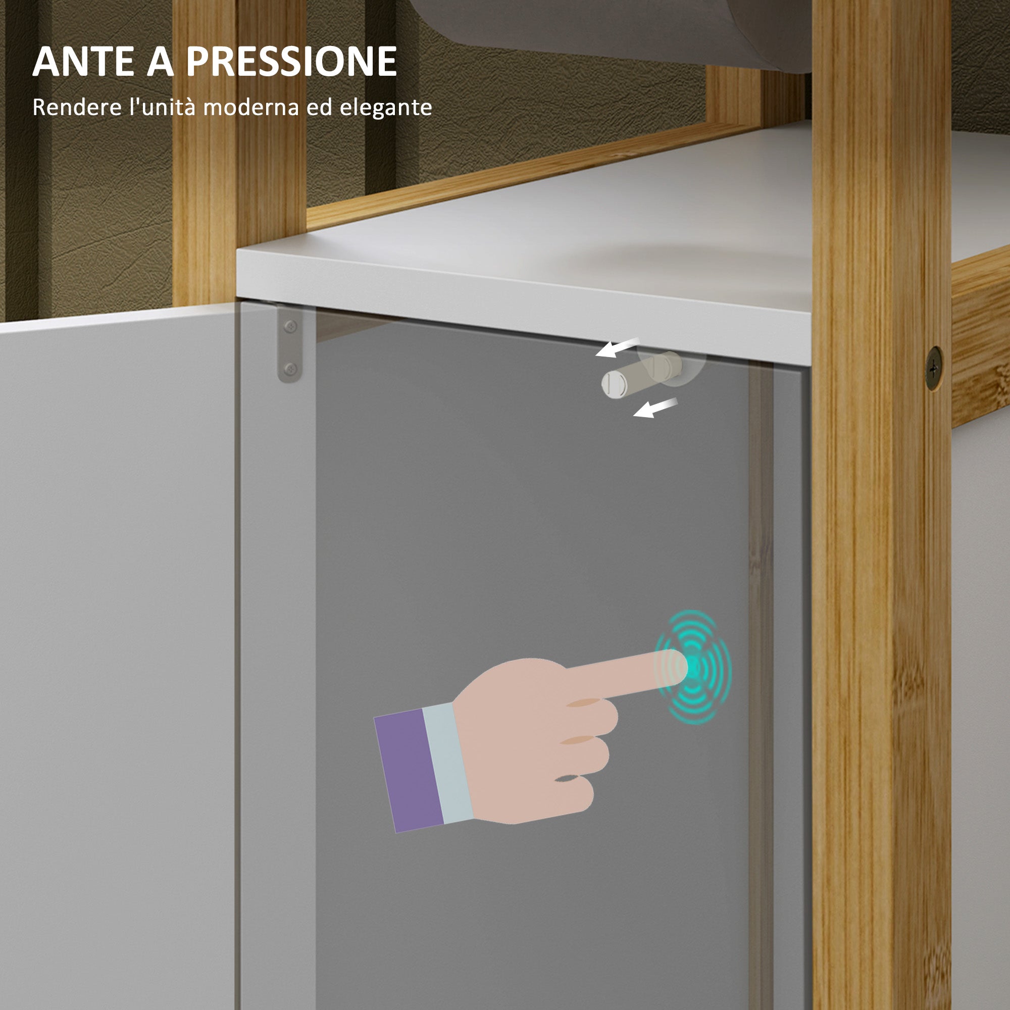 Space-saving Bathroom Mobile with Toilet Paper Holder, Cabinet and Shelf, Compact Bamboo Cabinet, 20x33x80cm, White