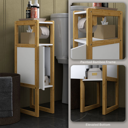 Space-saving Bathroom Mobile with Toilet Paper Holder, Cabinet and Shelf, Compact Bamboo Cabinet, 20x33x80cm, White
