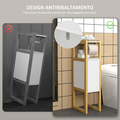 Space-saving Bathroom Mobile with Toilet Paper Holder, Cabinet and Shelf, Compact Bamboo Cabinet, 20x33x80cm, White