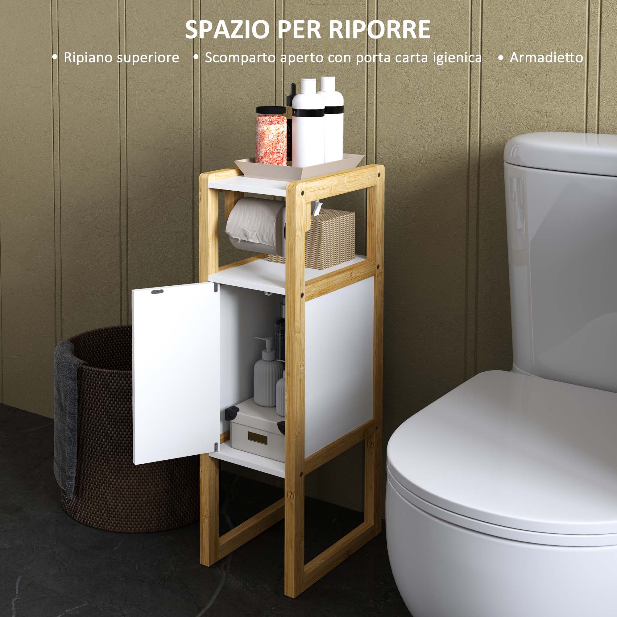 Space-saving Bathroom Mobile with Toilet Paper Holder, Cabinet and Shelf, Compact Bamboo Cabinet, 20x33x80cm, White