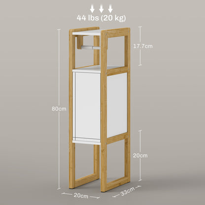 Space-saving Bathroom Mobile with Toilet Paper Holder, Cabinet and Shelf, Compact Bamboo Cabinet, 20x33x80cm, White