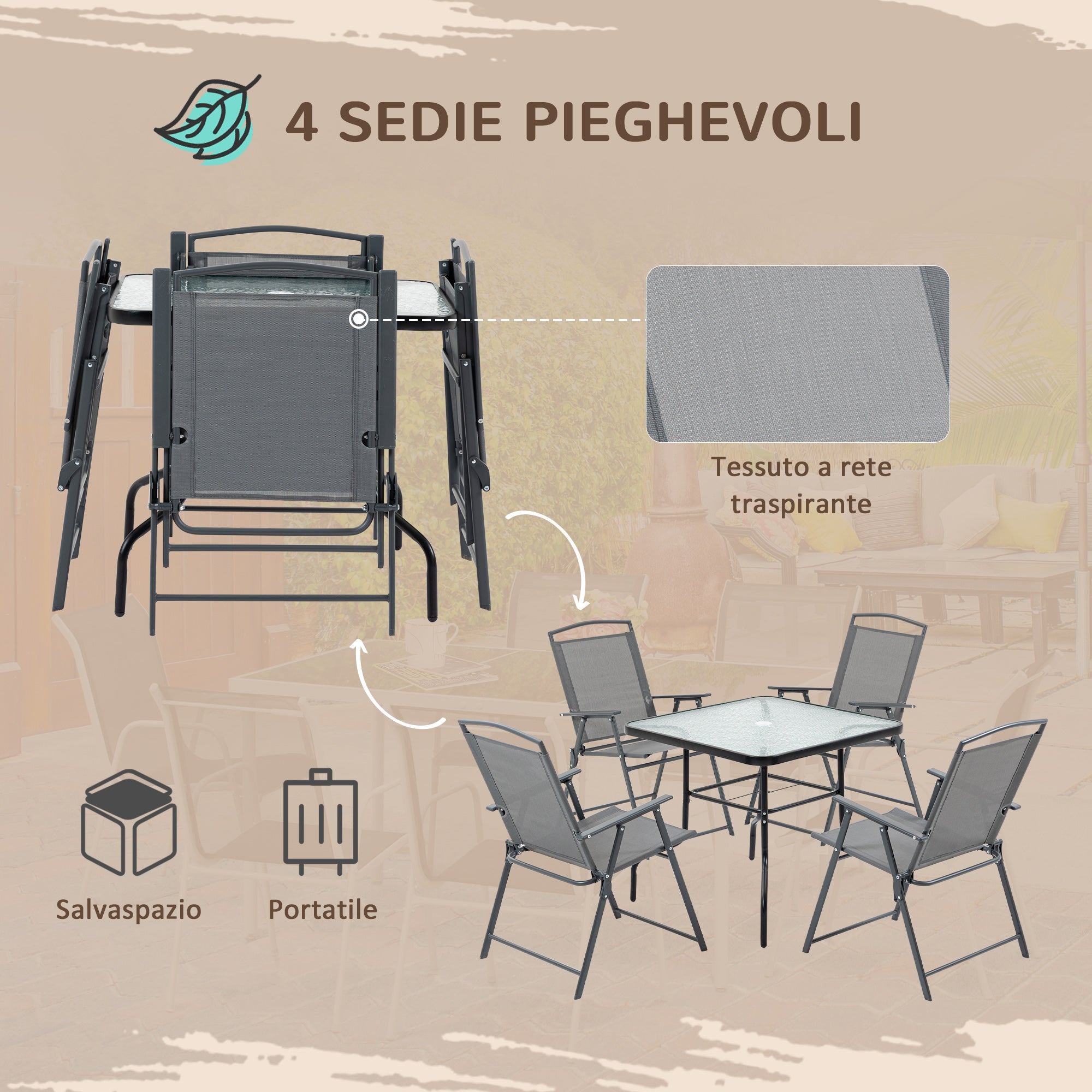 5-Piece Metal Garden Furniture Set, Table with Garden Umbrella Hole and Folding Chairs, Black