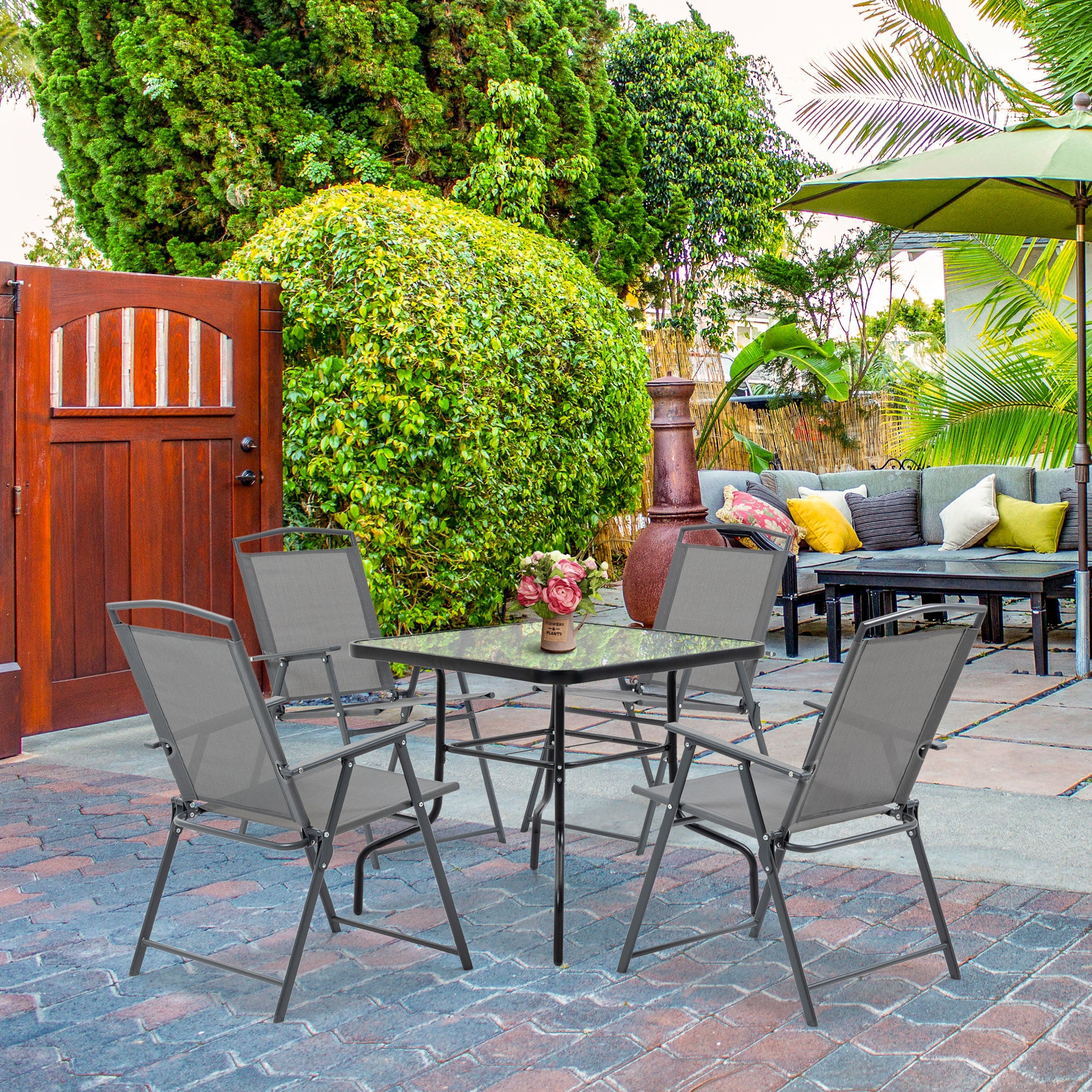 5-Piece Metal Garden Furniture Set, Table with Garden Umbrella Hole and Folding Chairs, Black