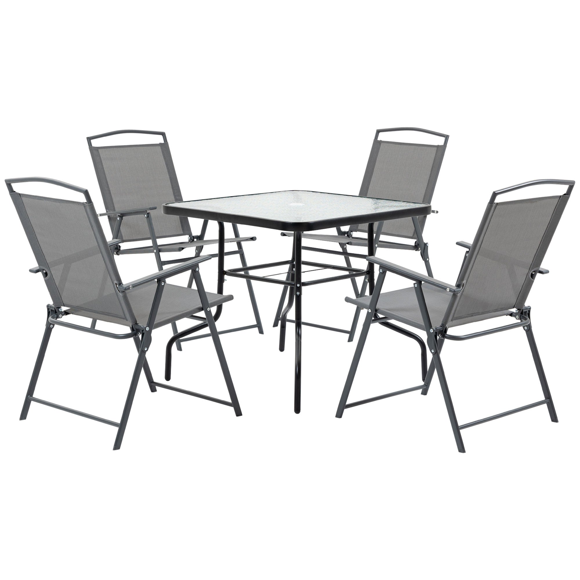 5-Piece Metal Garden Furniture Set, Table with Garden Umbrella Hole and Folding Chairs, Black