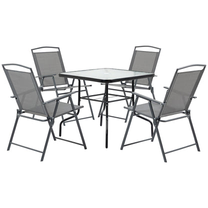 5-Piece Metal Garden Furniture Set, Table with Garden Umbrella Hole and Folding Chairs, Black