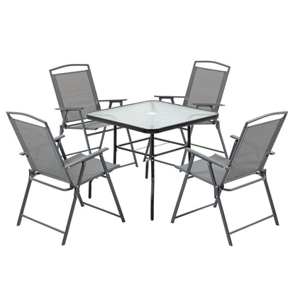 5-Piece Metal Garden Furniture Set, Table with Garden Umbrella Hole and Folding Chairs, Black