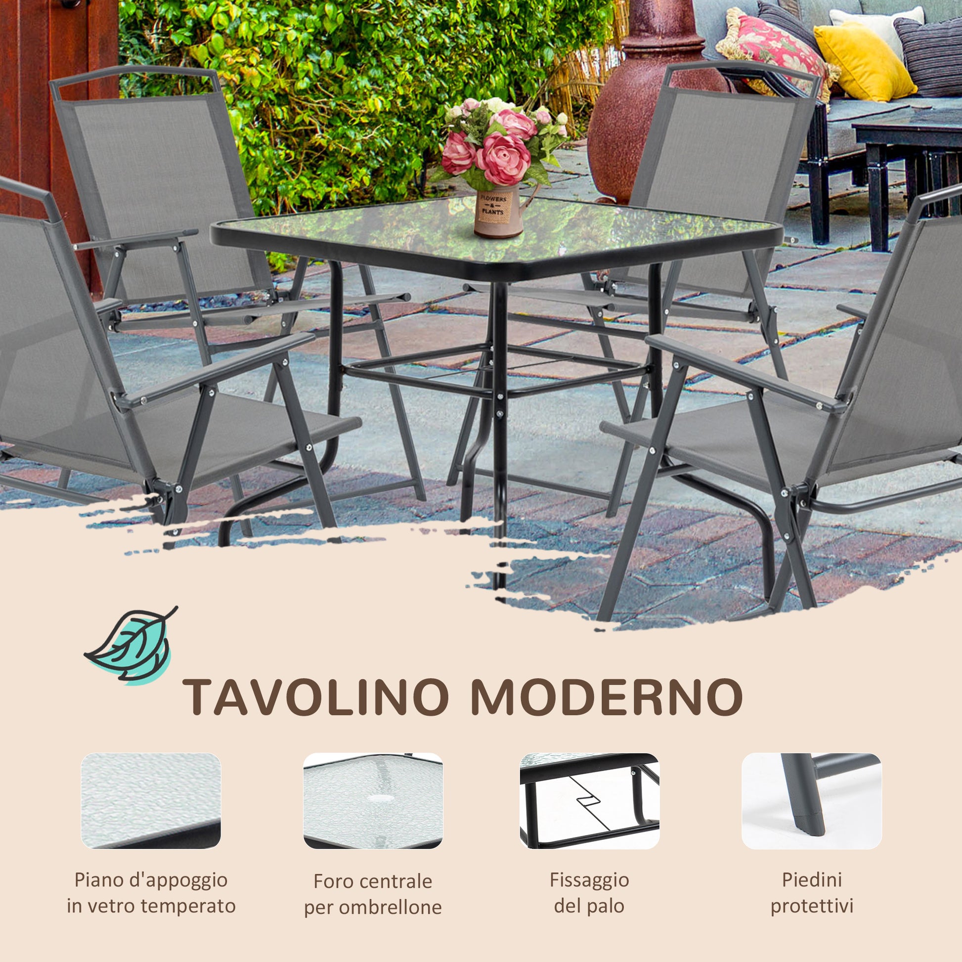 5-Piece Metal Garden Furniture Set, Table with Garden Umbrella Hole and Folding Chairs, Black