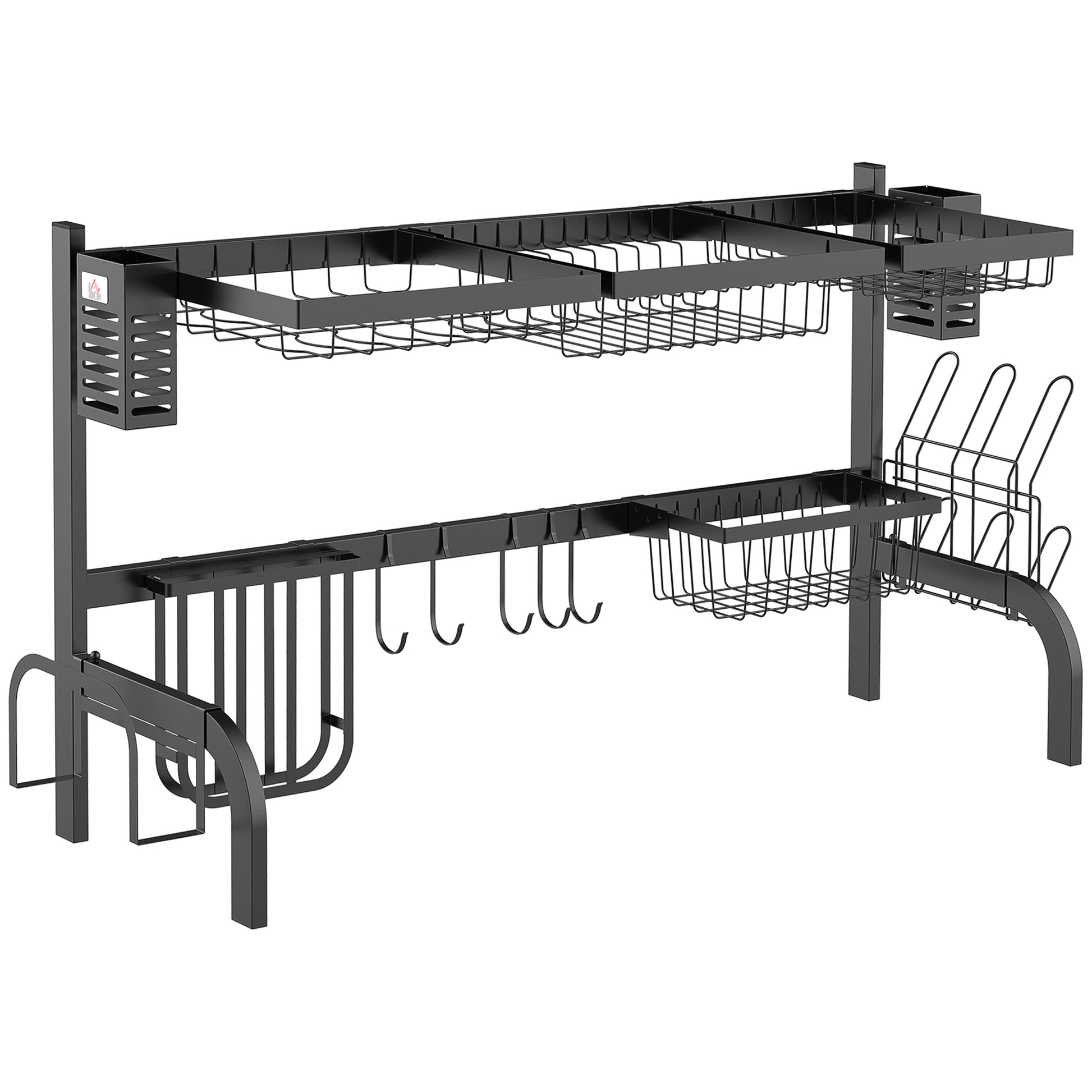 Dish Drying Rack, 2-Tier Dish Rack Stand with Hooks, Plate Rack, Accessories, 100 cm Dish Drainer Stand for Kitchen Sink, Steel, Black