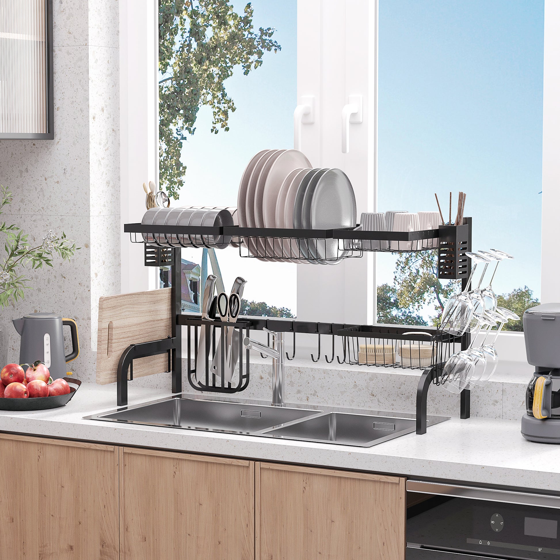 Dish Drying Rack, 2-Tier Dish Rack Stand with Hooks, Plate Rack, Accessories, 100 cm Dish Drainer Stand for Kitchen Sink, Steel, Black