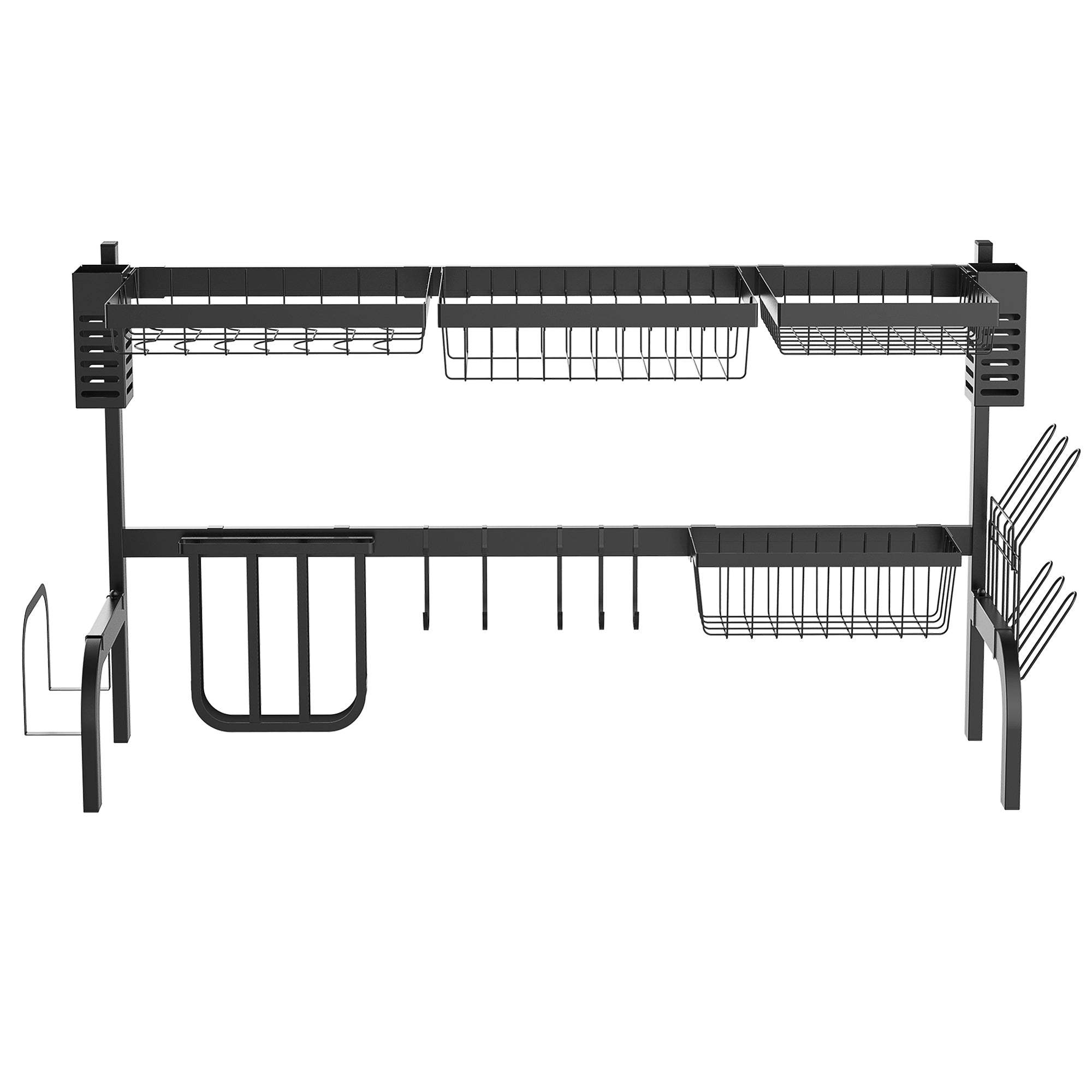 Dish Drying Rack, 2-Tier Dish Rack Stand with Hooks, Plate Rack, Accessories, 100 cm Dish Drainer Stand for Kitchen Sink, Steel, Black