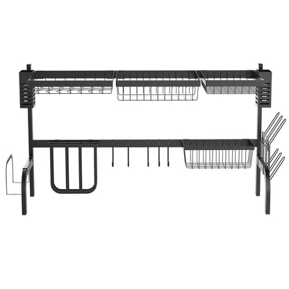 Dish Drying Rack, 2-Tier Dish Rack Stand with Hooks, Plate Rack, Accessories, 100 cm Dish Drainer Stand for Kitchen Sink, Steel, Black