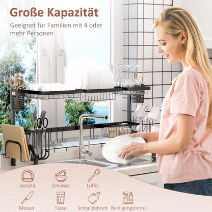 Dish Drying Rack, 2-Tier Dish Rack Stand with Hooks, Plate Rack, Accessories, 100 cm Dish Drainer Stand for Kitchen Sink, Steel, Black