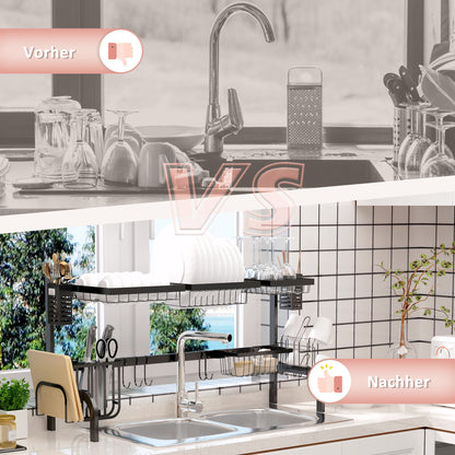 Dish Drying Rack, 2-Tier Dish Rack Stand with Hooks, Plate Rack, Accessories, 100 cm Dish Drainer Stand for Kitchen Sink, Steel, Black