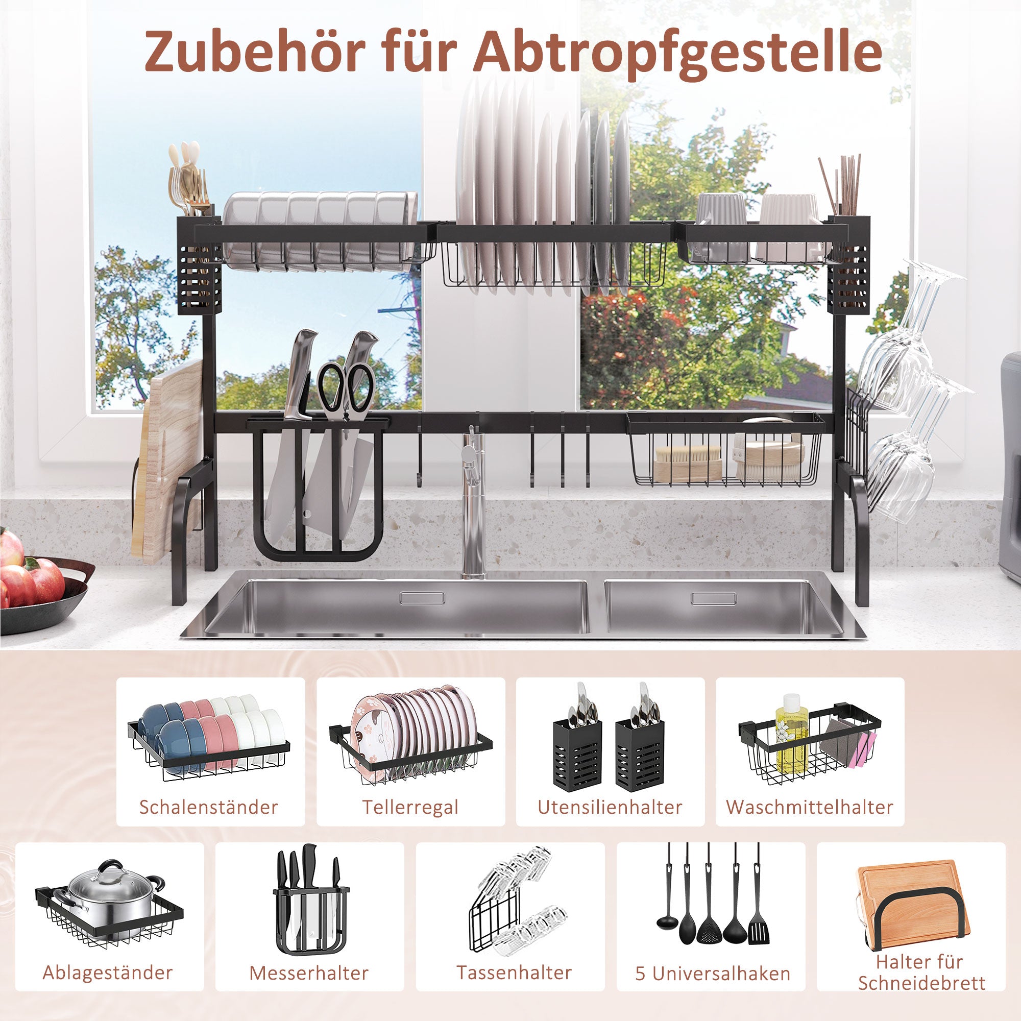 Dish Drying Rack, 2-Tier Dish Rack Stand with Hooks, Plate Rack, Accessories, 100 cm Dish Drainer Stand for Kitchen Sink, Steel, Black