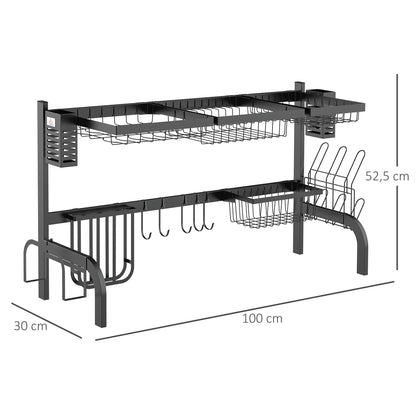 Dish Drying Rack, 2-Tier Dish Rack Stand with Hooks, Plate Rack, Accessories, 100 cm Dish Drainer Stand for Kitchen Sink, Steel, Black