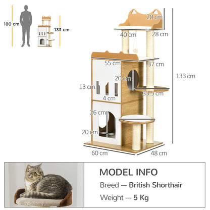 Cat Scratching Tree 133 cm Cat Tower Scratching Post with Caves Platforms Hanging Ball and Sisal Posts 60x48x133 cm Oak