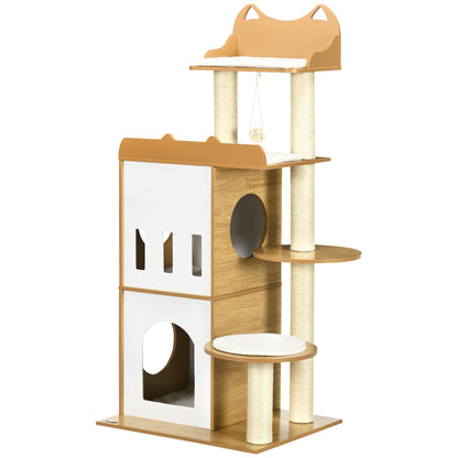Cat Scratching Tree 133 cm Cat Tower Scratching Post with Caves Platforms Hanging Ball and Sisal Posts 60x48x133 cm Oak
