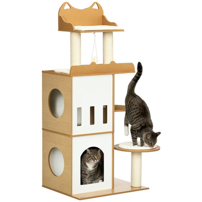 Cat Scratching Tree 133 cm Cat Tower Scratching Post with Caves Platforms Hanging Ball and Sisal Posts 60x48x133 cm Oak
