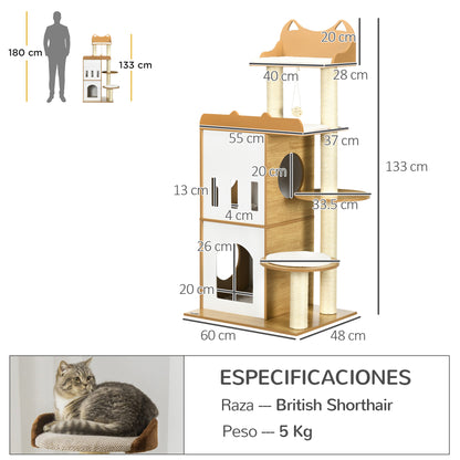 Cat Scratching Tree 133 cm Cat Tower Scratching Post with Caves Platforms Hanging Ball and Sisal Posts 60x48x133 cm Oak