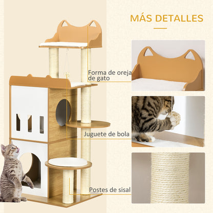 Cat Scratching Tree 133 cm Cat Tower Scratching Post with Caves Platforms Hanging Ball and Sisal Posts 60x48x133 cm Oak