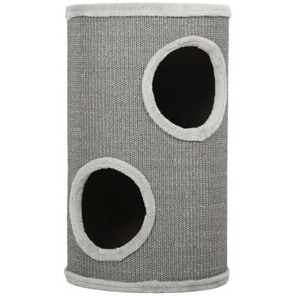 Barrel Cat Scratcher, 60 cm H x 35 cm Ø – Two-Level Cat Tower with 2 Hideouts, Plush-Edged Scratcher for 1–2 Cats up to 5 kg, Light Gray